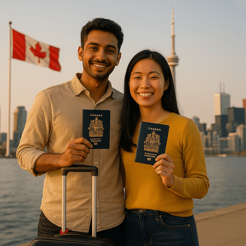 Happy couple holding Canadian passports with CN Tower and Canadian flag in background