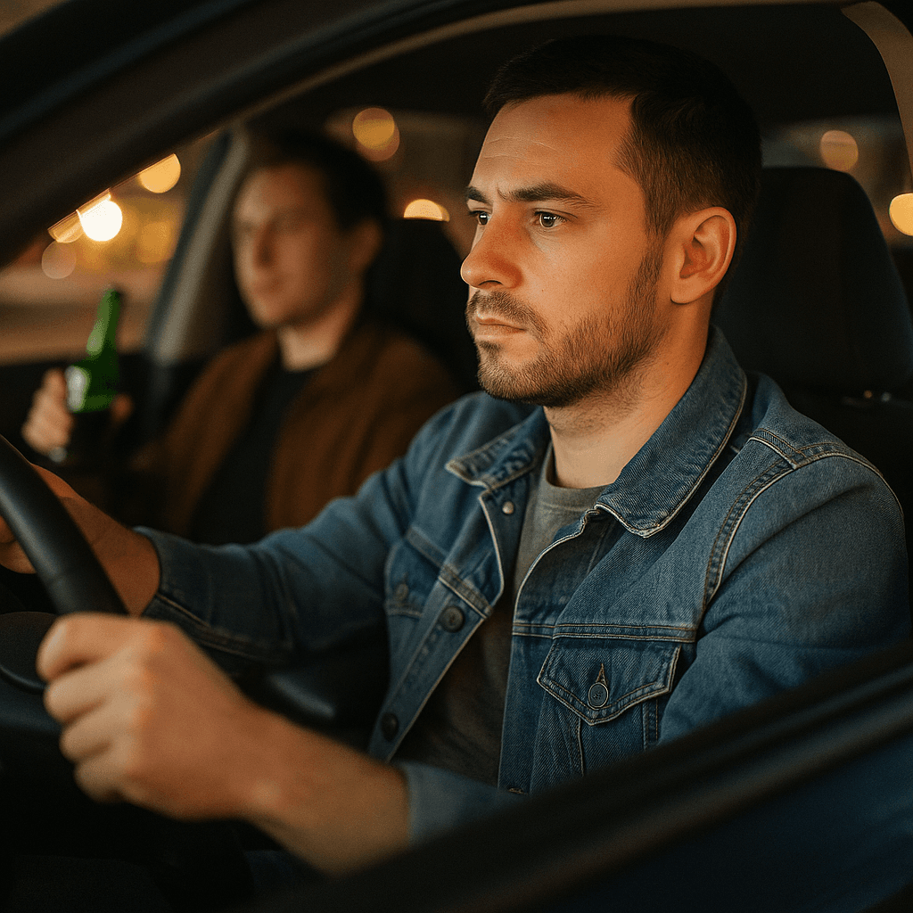 Designated driver at wheel with passenger in car at night
